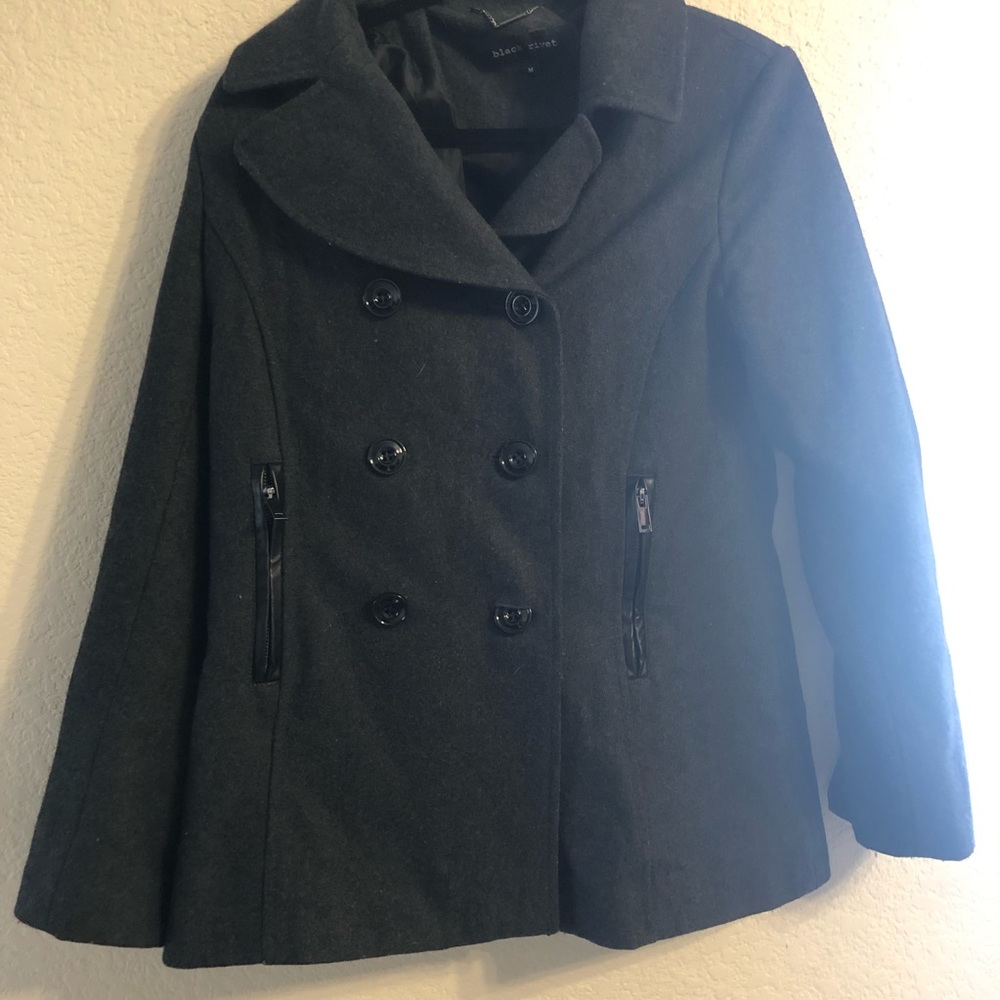Dark Gray Black Rivet Pea Coat